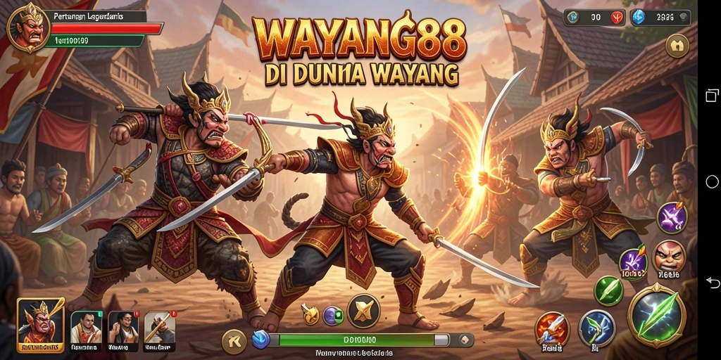 Tampilan gameplay intens di <strong>WAYANG88</strong> dengan karakter wayang yang beraksi.